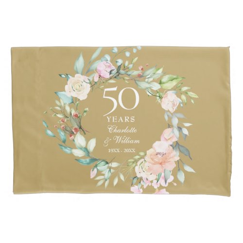 50th Golden Wedding Anniversary Floral Gold Pillow Case