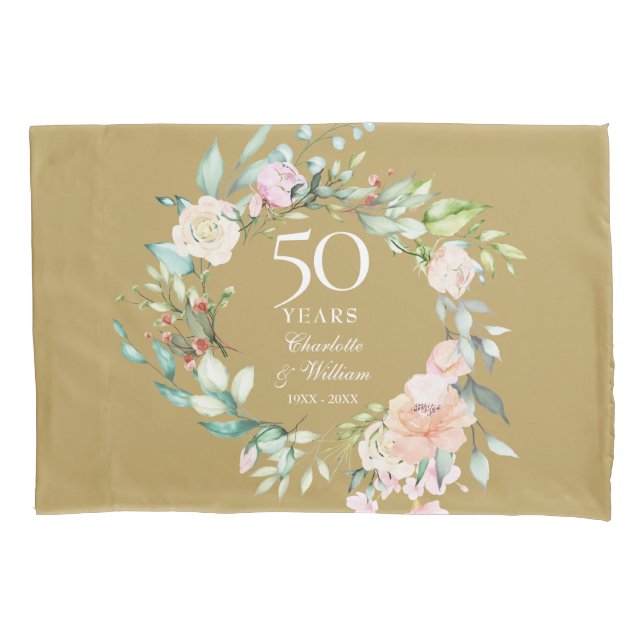 50th Golden Wedding Anniversary Floral Gold Pillow Case (Front)