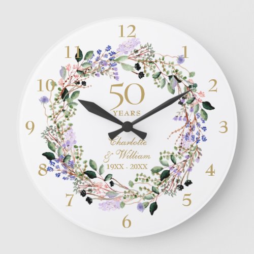 50th Golden Wedding Anniversary Floral Large Clock