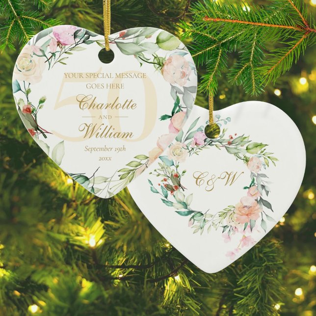 50th Golden Wedding Anniversary Floral Monogram Ceramic Ornament (50th Golden Wedding Anniversary Floral Monogram Ceramic Ornament)