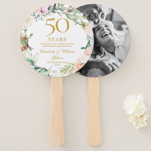 50th Golden Wedding Anniversary Floral Roses Photo Hand Fan