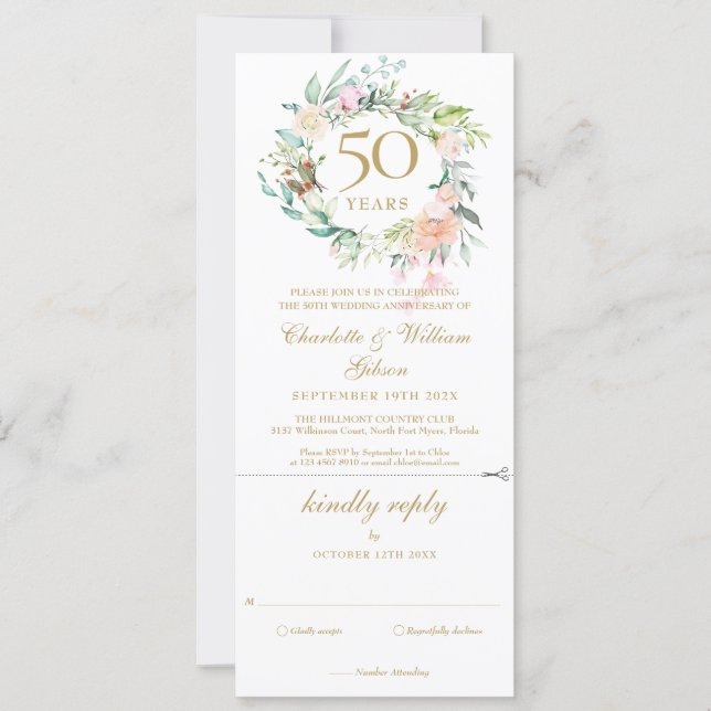50th Golden Wedding Anniversary Floral RSVP Invitation (Front)