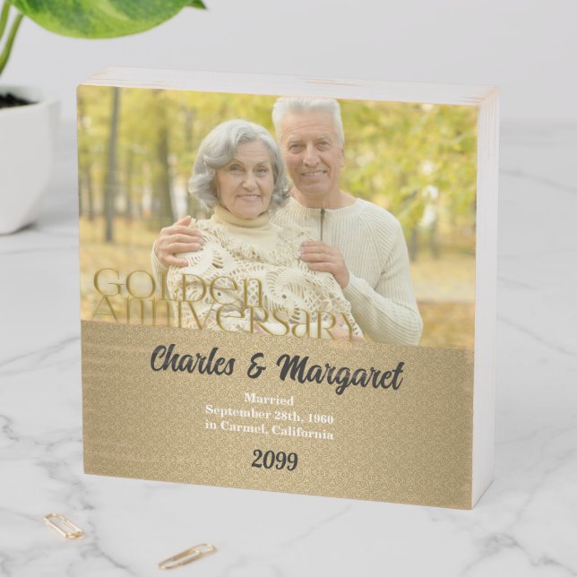 50th Golden Wedding Anniversary Gold Damask Photo Wooden Box Sign (In Situ Horizontal)