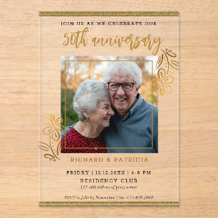 50th Golden Wedding Anniversary Gold Floral Photo Acrylic Invitations