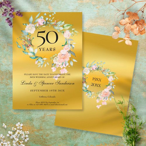 50th Golden Wedding Anniversary Gold Foil Floral Save The Date