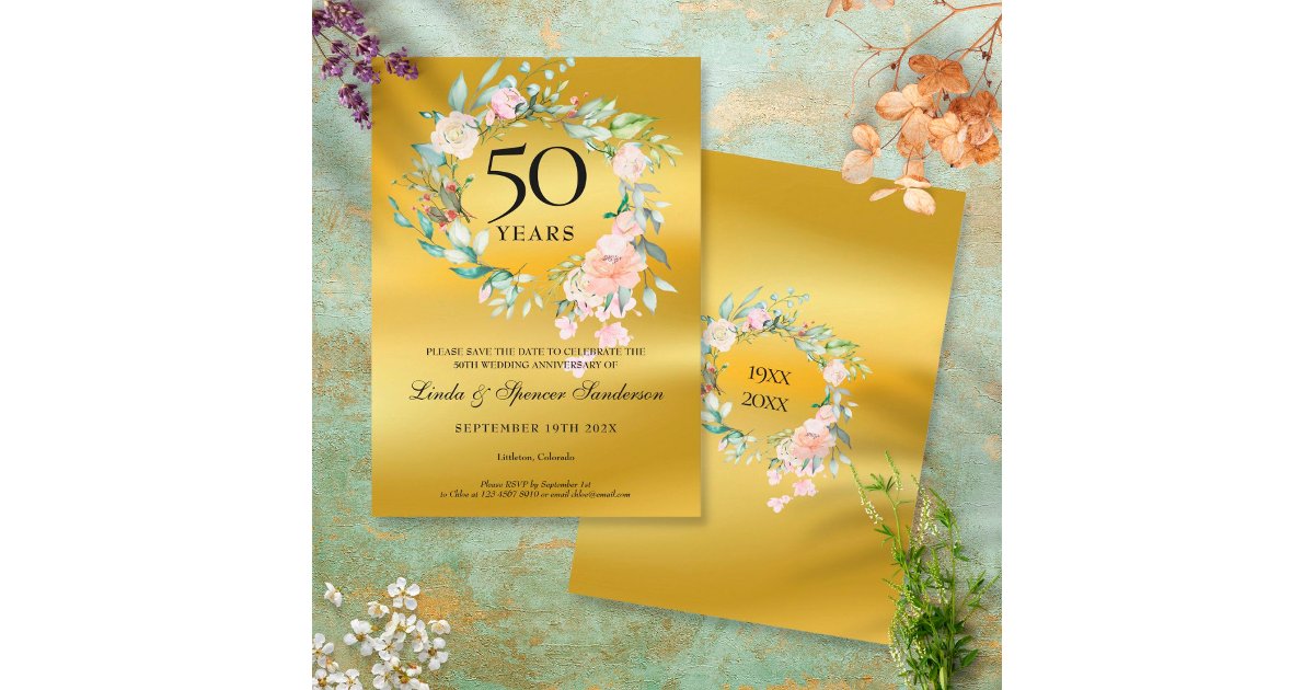 50th Golden Wedding Anniversary Gold Foil Floral Save The Date | Zazzle