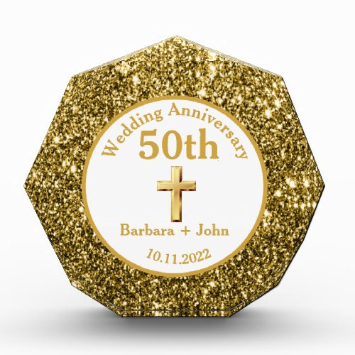 50th Golden Wedding Anniversary Gold Religious Acrylic Award