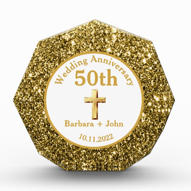50th Golden Wedding Anniversary Gold Religious Acrylic Award (Front)