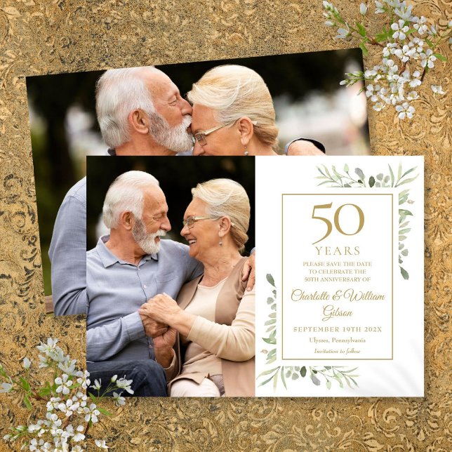 50th Golden Wedding Anniversary Greenery 2 Photos Save The Date (50th Golden Wedding Anniversary Greenery 2 Photos Save The Date)