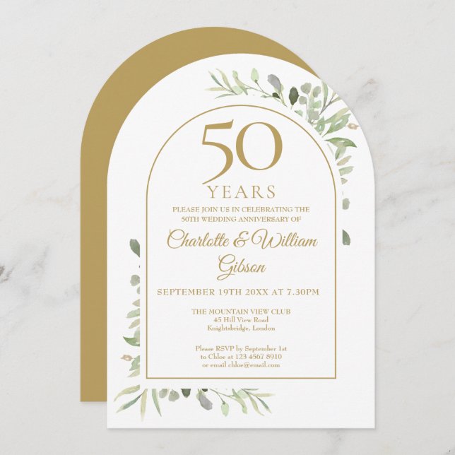 50th Golden Wedding Anniversary Greenery Arch Invitation (Front/Back)