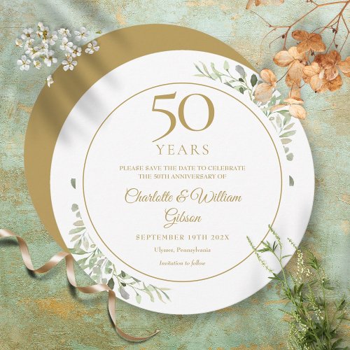 50th Golden Wedding Anniversary Greenery Circular Save The Date