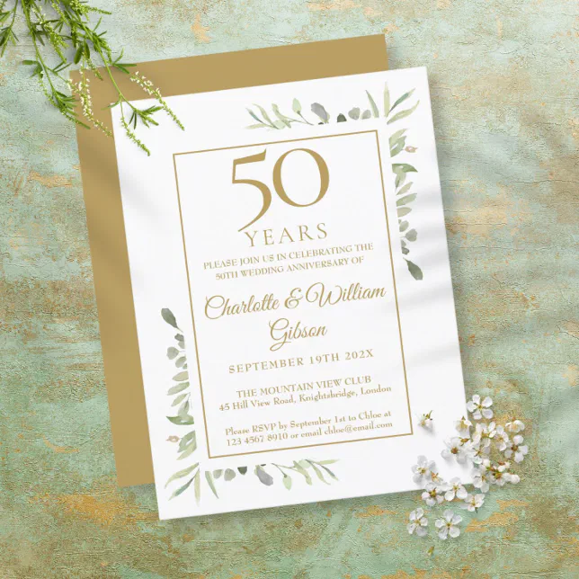50th Golden Wedding Anniversary Greenery Invitation Postcard | Zazzle