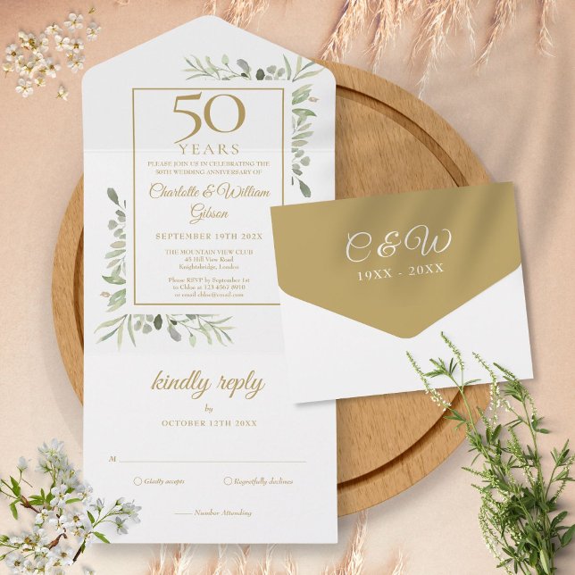 50th Golden Wedding Anniversary Greenery Monogram  All In One Invitation (Creator Uploaded)
