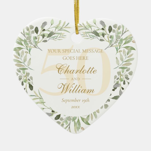50th Golden Wedding Anniversary Greenery Monogram Ceramic Ornament (Front)