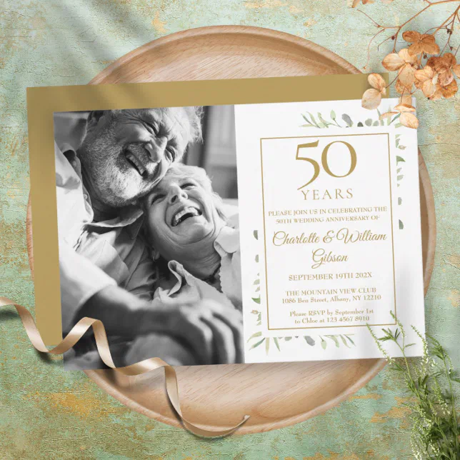 50th Golden Wedding Anniversary Greenery Photo Invitation | Zazzle