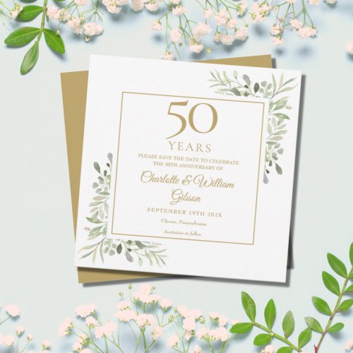 50th Golden Wedding Anniversary Greenery Square Save The Date