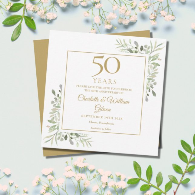 50th Golden Wedding Anniversary Greenery Square Save The Date (Creator Uploaded)