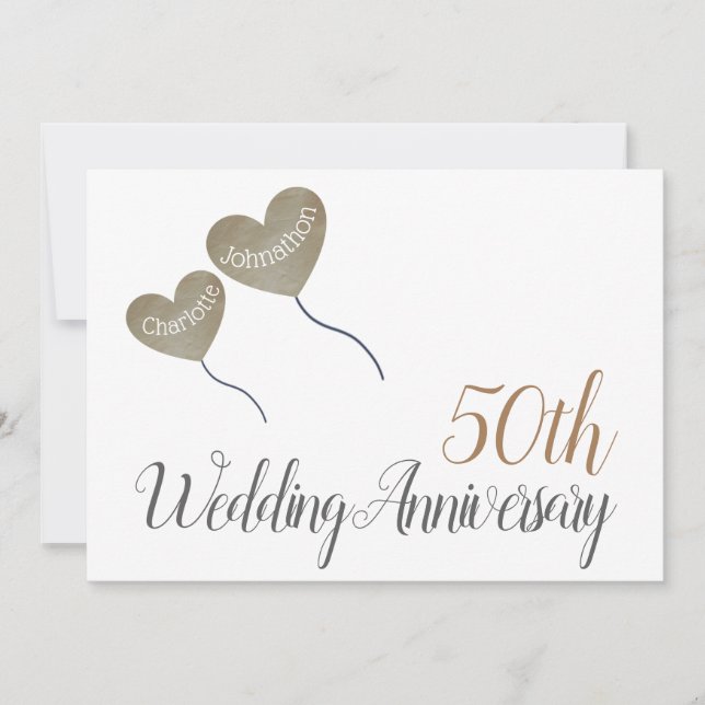 50th golden wedding anniversary heart balloon invitation (Front)