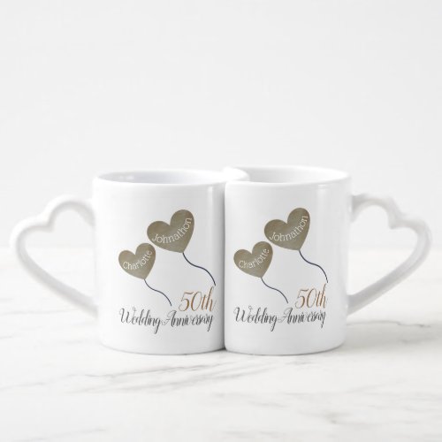 50th golden wedding anniversary heart balloons coffee mug set