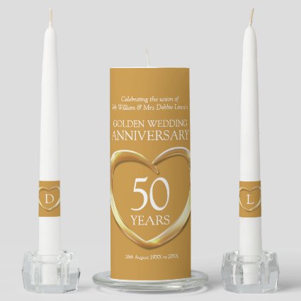 50th Golden Wedding Anniversary heart custom Unity Candle Set