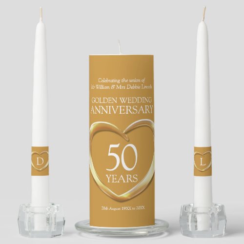 50th Golden Wedding Anniversary heart custom Unity Candle Set