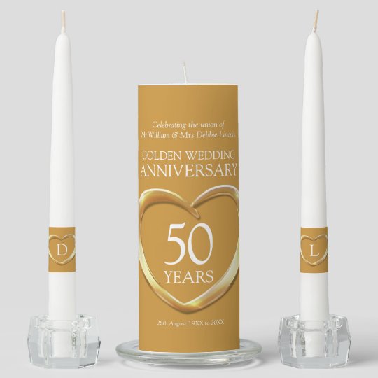 50th Golden Wedding Anniversary heart custom Unity Candle Set