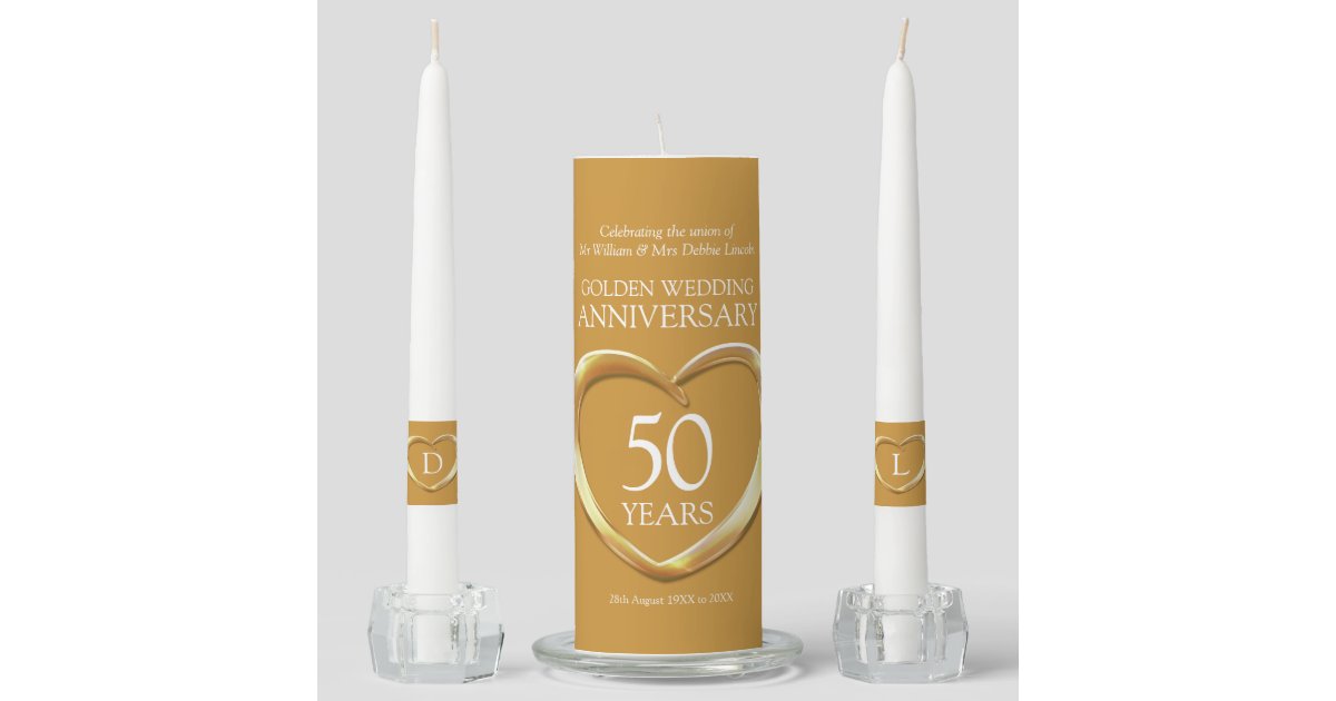 50th Golden Wedding Anniversary heart custom Unity Candle Set Zazzle