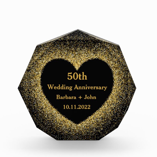50th Golden Wedding Anniversary Heart Gold Glam Ac Acrylic Award (Front)