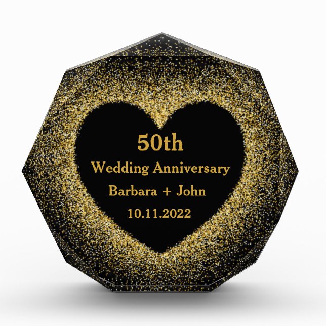 50th Golden Wedding Anniversary Heart Gold Glam Acrylic Award (Front)