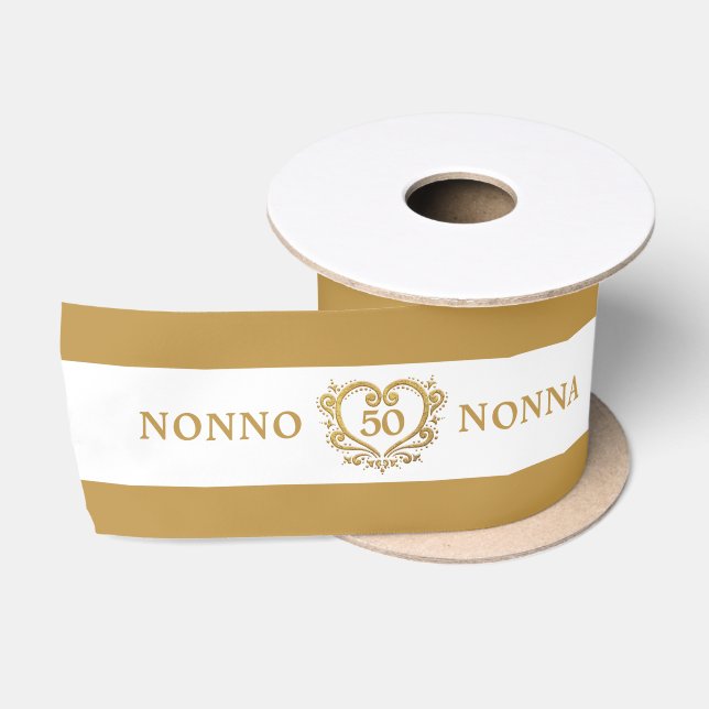 50th golden wedding anniversary heart gold white s satin ribbon (Spool)