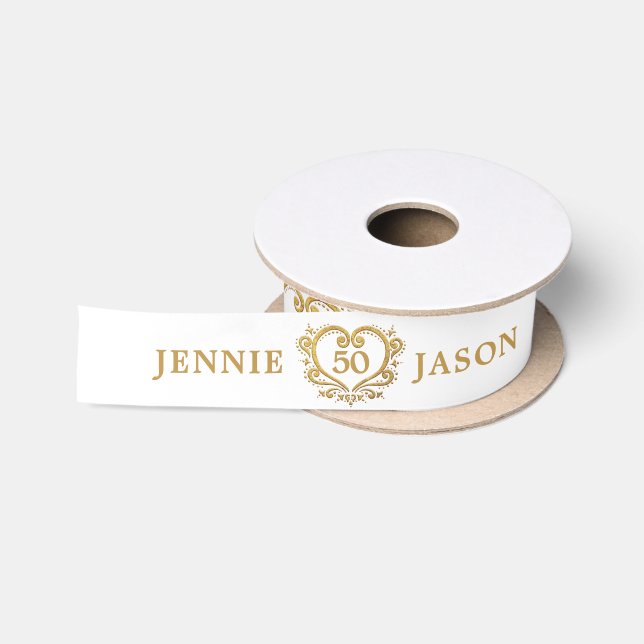 50th golden wedding anniversary heart gold white satin ribbon (Spool)