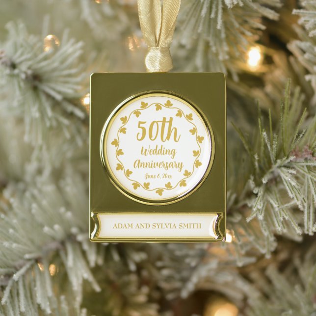 50th Golden Wedding Anniversary Ivy Wreath Gold Plated Banner Ornament (Tree)