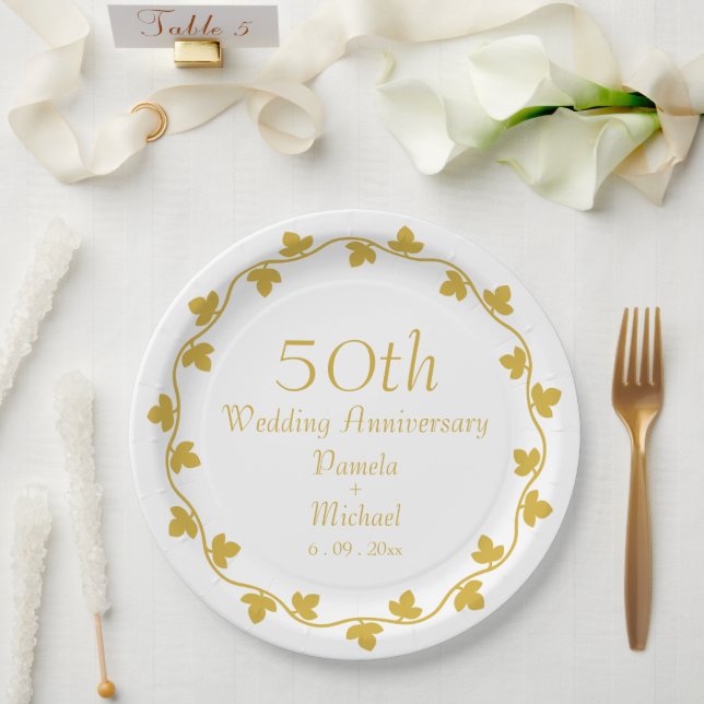 50th Golden Wedding Anniversary Ivy Wreath Paper Plates (Wedding)