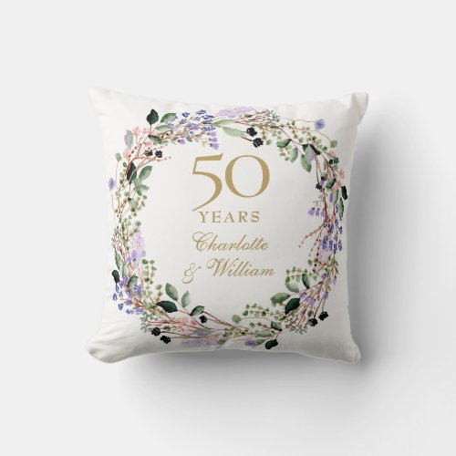 50th Golden Wedding Anniversary Lavender Floral Throw Pillow