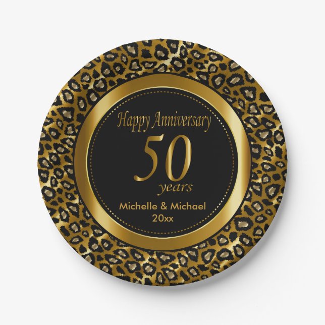 50th Golden Wedding Anniversary | Leopard Prints Paper Plates (Front)