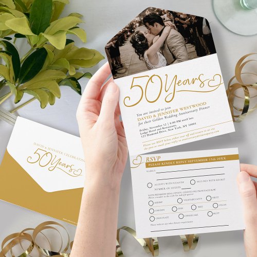 50th Golden Wedding Anniversary meal RSVP photo All In One Invitation