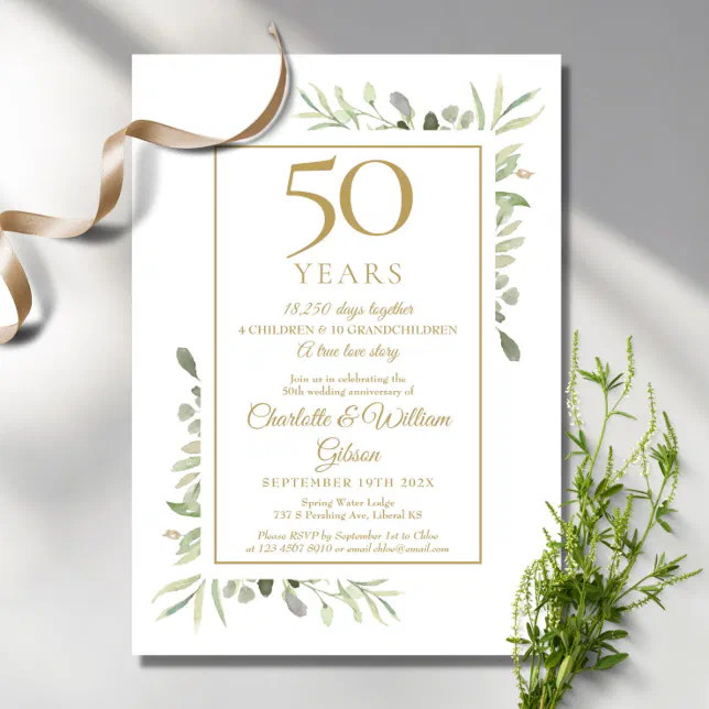 50th Golden Wedding Anniversary Memories Greenery Invitation | Zazzle