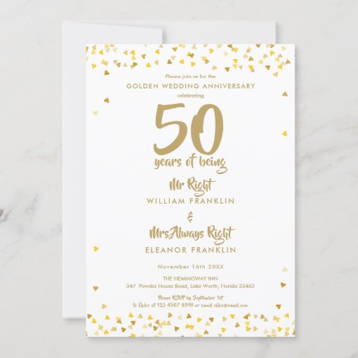 50th Golden Wedding Anniversary Mr Mrs Right Fun Invitation | Zazzle