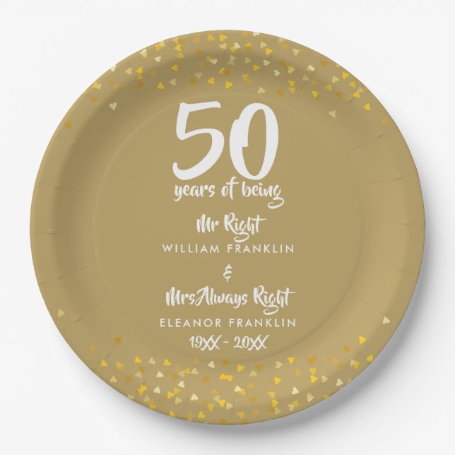 50th Golden Wedding Anniversary Mr Mrs Right Fun Paper Plates (Front)