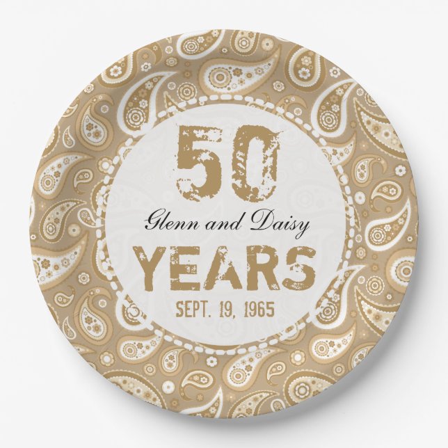 50th Golden Wedding Anniversary Paisley Pattern Paper Plates (Front)