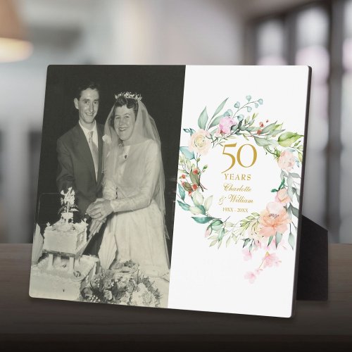 50th Golden Wedding Anniversary Photo Floral Roses Plaque