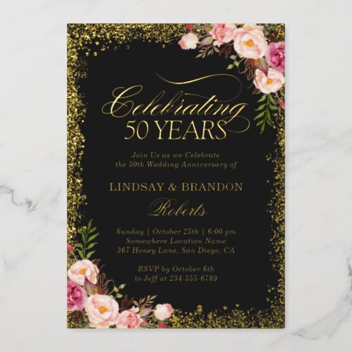 50th Golden Wedding Anniversary Photo Gold Glitter Foil Invitation