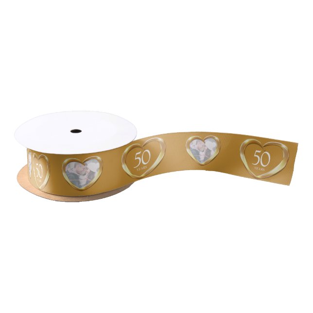 50th golden wedding anniversary photo heart satin ribbon (Spool)