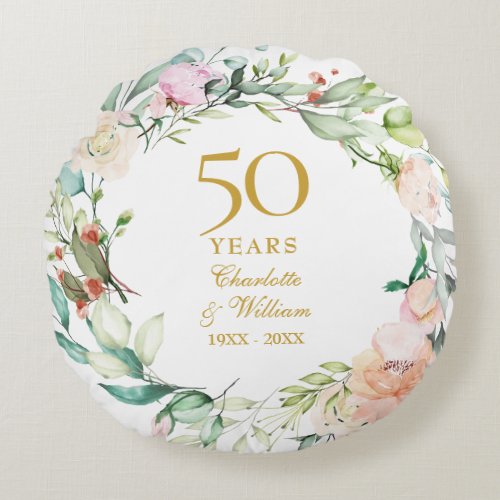 50th Golden Wedding Anniversary Photo Roses Floral Round Pillow