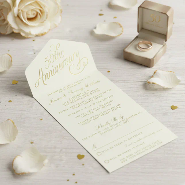 50th Golden Wedding Anniversary Real Foil Pressed All In One Invitation ...