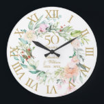 50th Golden Wedding Anniversary Roses Floral Large Clock<br><div class="desc">Featuring a delicate watercolor floral garland,  this chic botanical 50th wedding anniversary clock can be personalized with your special golden anniversary details set in elegant typography. Designed by Thisisnotme©</div>