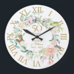 50th Golden Wedding Anniversary Roses Floral Large Clock<br><div class="desc">Featuring a delicate watercolor floral garland,  this chic botanical 50th wedding anniversary clock can be personalized with your special golden anniversary details set in elegant typography. Designed by Thisisnotme©</div>