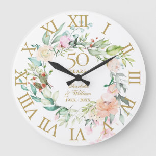 50th Golden Wedding Anniversary Roses Floral Large Clock