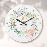 50th Golden Wedding Anniversary Roses Floral Large Clock<br><div class="desc">Featuring a delicate watercolor floral garland,  this chic botanical 50th wedding anniversary clock can be personalized with your special golden anniversary details set in elegant typography. Designed by Thisisnotme©</div>