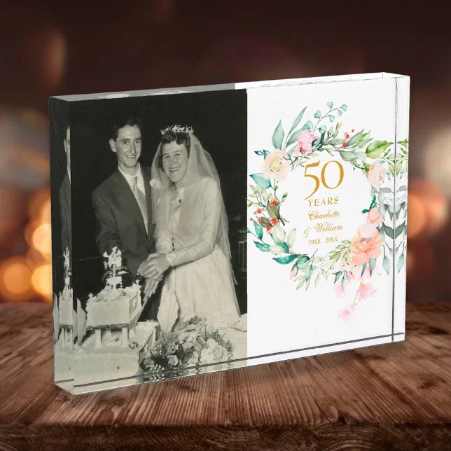 50th Golden Wedding Anniversary Roses Floral Photo Block | Zazzle